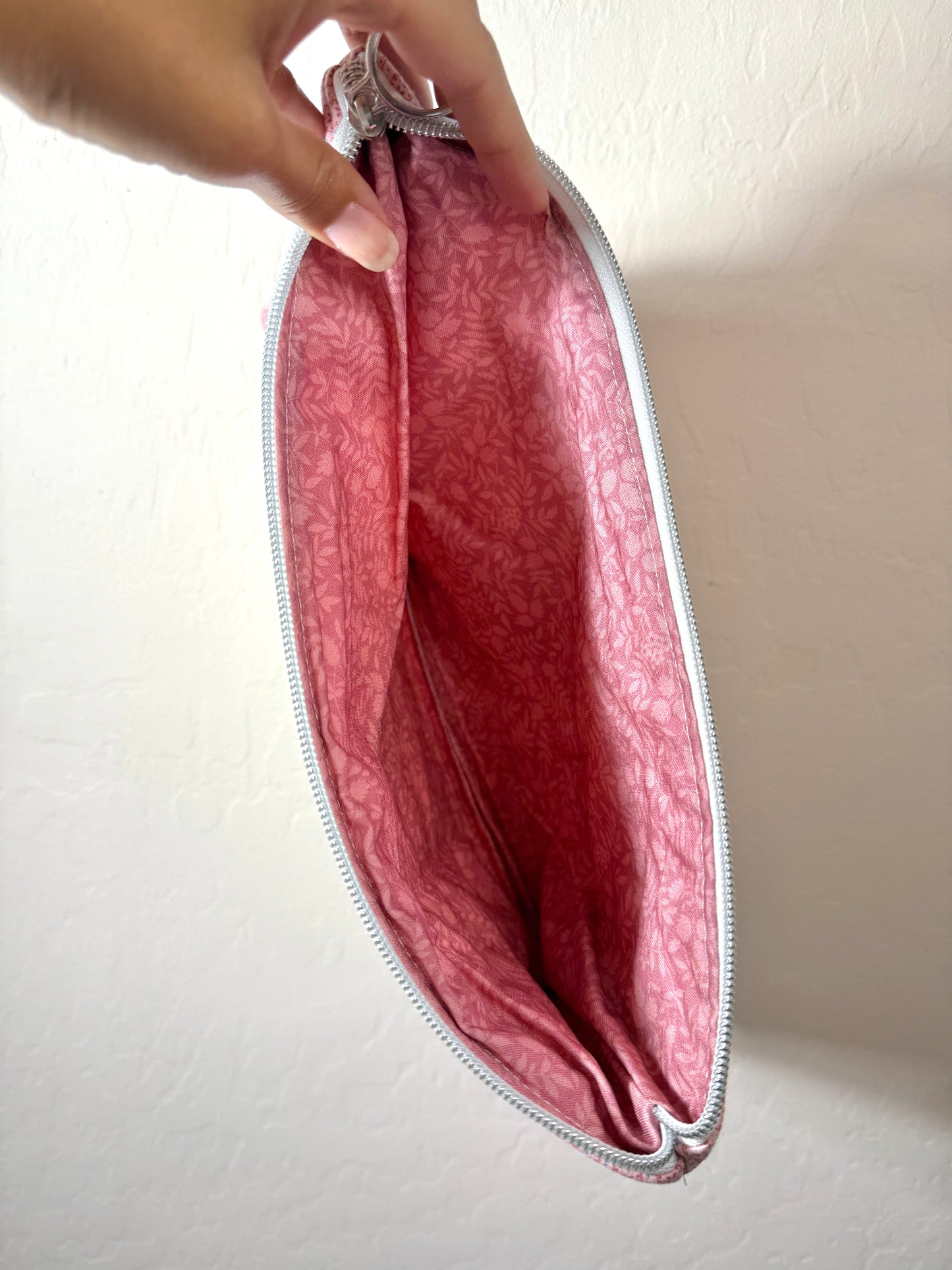 Upcycled Vintage Cross-Stitched Quilt Zipper Pouch-Silver Zip