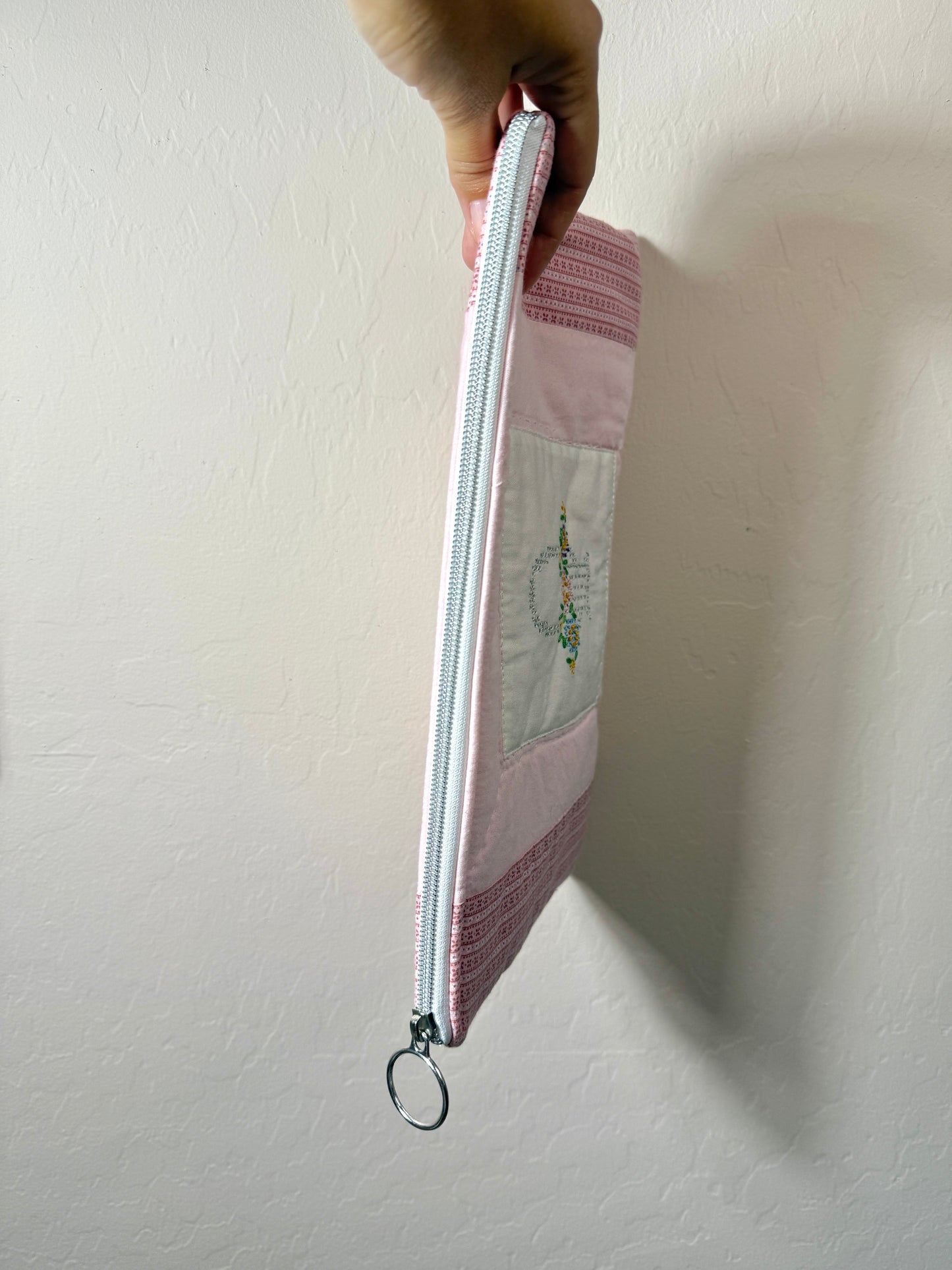 Upcycled Vintage Cross-Stitched Quilt Zipper Pouch-Silver Zip