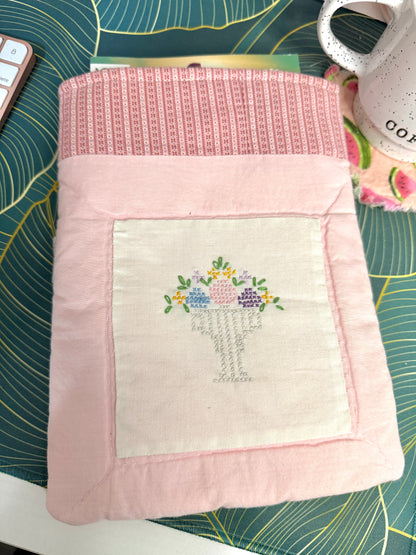 Upcycled Vintage Cross-Stitched Quilt Book Sleeve - Pink Lining