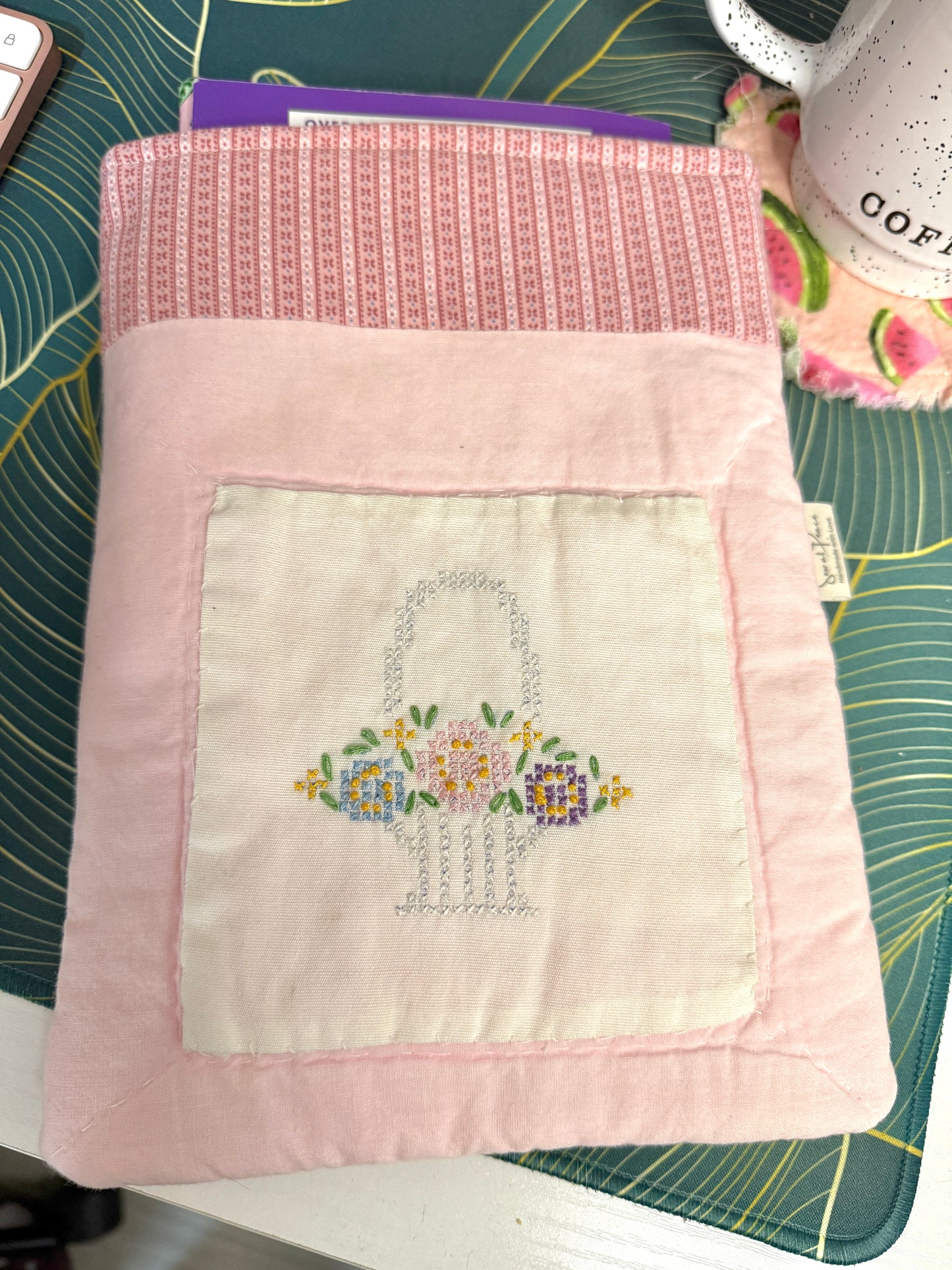 Upcycled Vintage Cross-Stitched Quilt Book Sleeve - Pink Lining