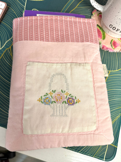 Upcycled Vintage Cross-Stitched Quilt Book Sleeve - Pink Lining