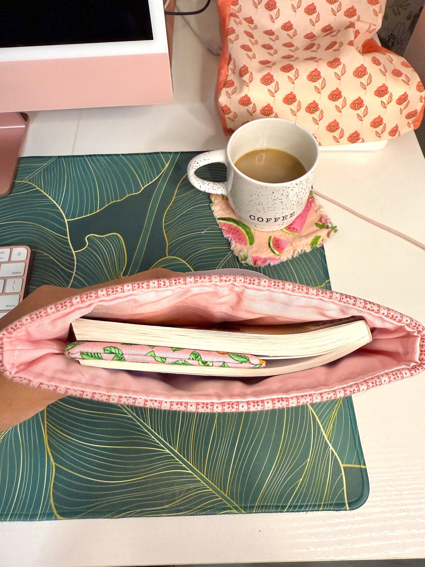 Upcycled Vintage Cross-Stitched Quilt Book Sleeve - Pink Lining