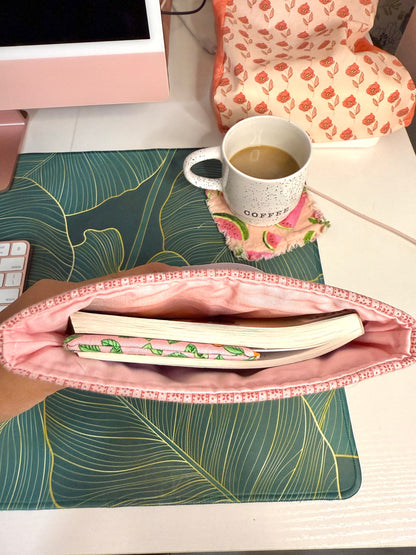 Upcycled Vintage Cross-Stitched Quilt Book Sleeve - Pink Lining