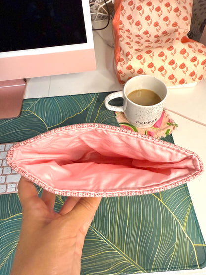 Upcycled Vintage Cross-Stitched Quilt Book Sleeve - Pink Lining