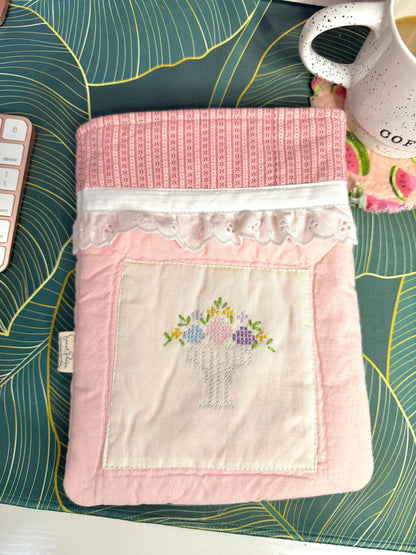 Upcycled Vintage Cross-Stitched Quilt Book Sleeve - Pink Lining  w/lace