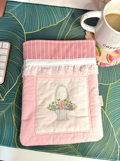 Upcycled Vintage Cross-Stitched Quilt Book Sleeve - Pink Lining  w/lace