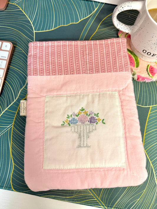 Upcycled Vintage Cross-Stitched Quilt Book Sleeve - Pink Lining