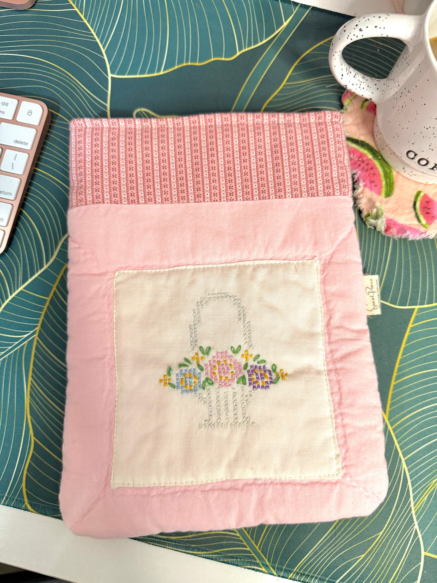Upcycled Vintage Cross-Stitched Quilt Book Sleeve - Pink Lining
