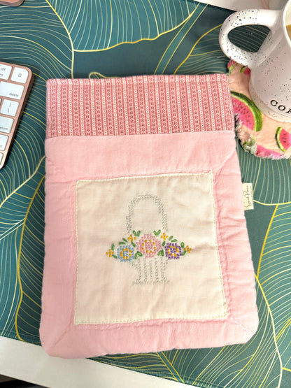 Upcycled Vintage Cross-Stitched Quilt Book Sleeve - Pink Lining