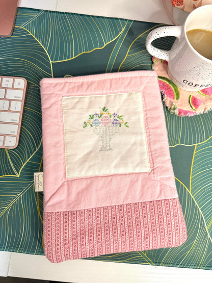 Upcycled Vintage Cross-Stitched Quilt Book Sleeve - Pink Lining