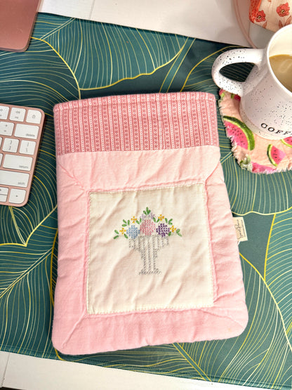 Upcycled Vintage Cross-Stitched Quilt Book Sleeve - Pink Lining