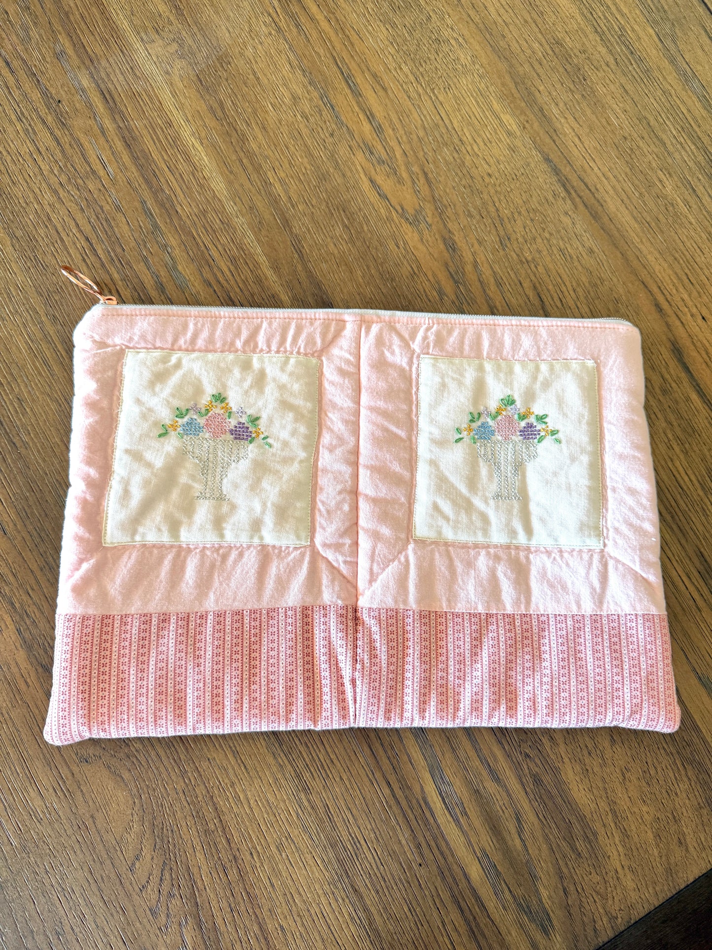 Upcycled Vintage Cross-Stitched Quilt Laptop Sleeve 13/14 in