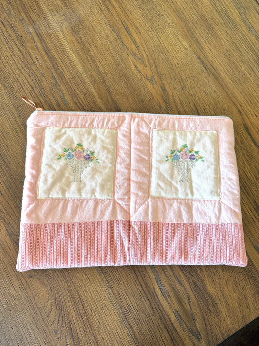 Upcycled Vintage Cross-Stitched Quilt Laptop Sleeve 13/14 in