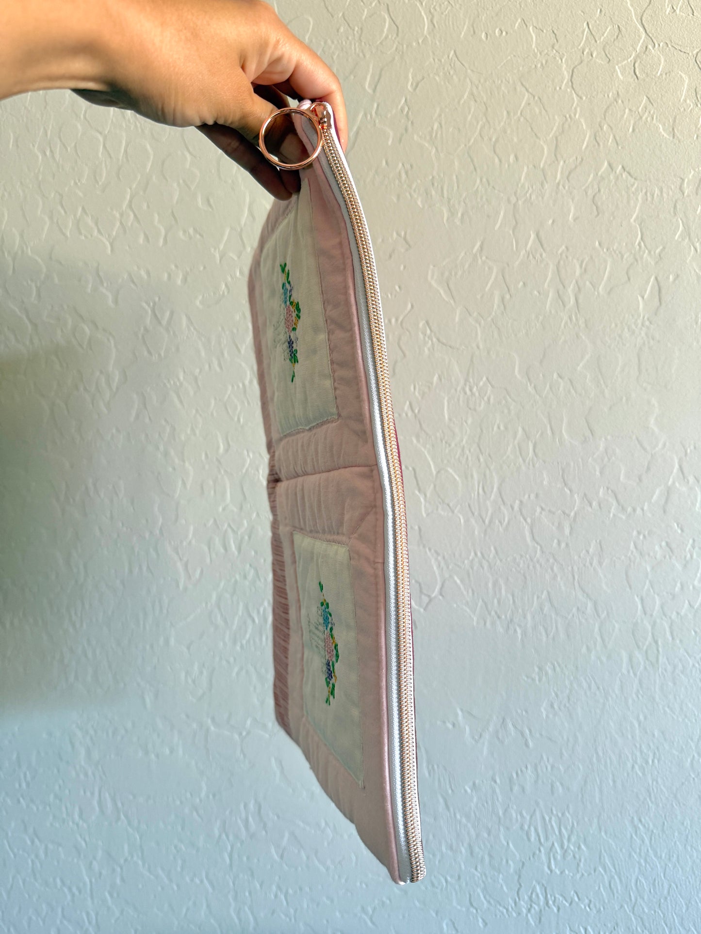 Upcycled Vintage Cross-Stitched Quilt Laptop Sleeve 13/14 in