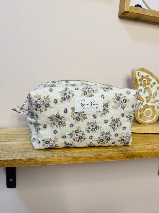Makeup Bag/Boxy Pouches - Soft Beige Purple Floral