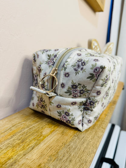 Makeup Bag/Boxy Pouches - Soft Beige Purple Floral