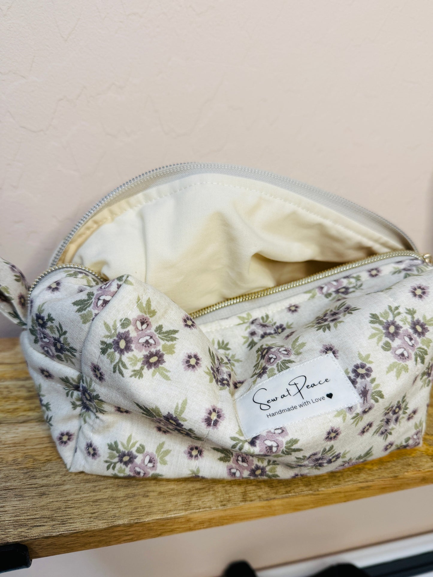 Makeup Bag/Boxy Pouches - Soft Beige Purple Floral