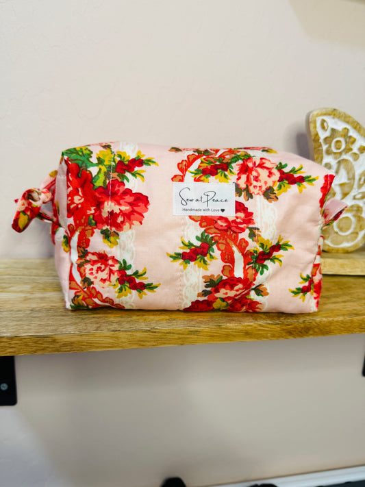 Makeup Bag/Boxy Pouches - Red Lace Floral