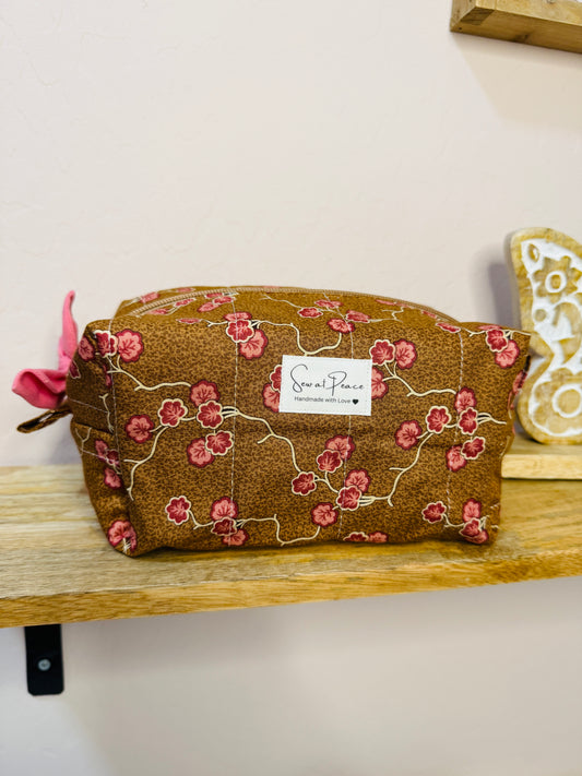 Makeup Bag/Boxy Pouches - Brown Red Floral