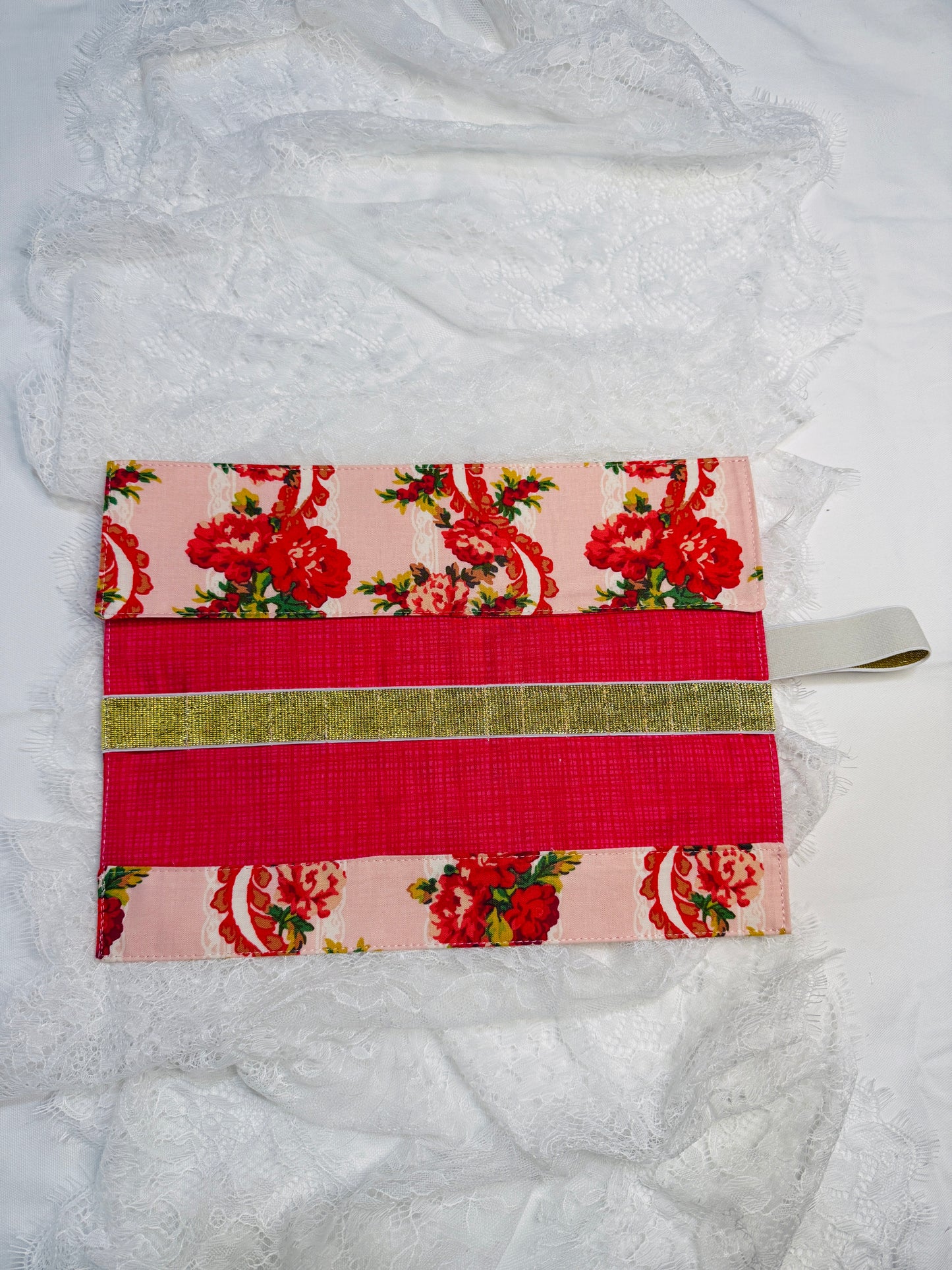 Makeup Brush Roll -Pink/Red Lace