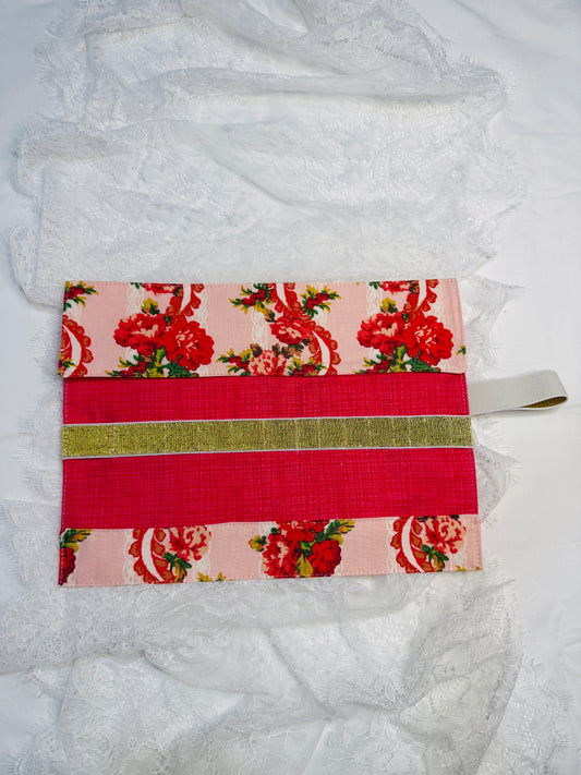 Makeup Brush Roll -Pink/Red Lace