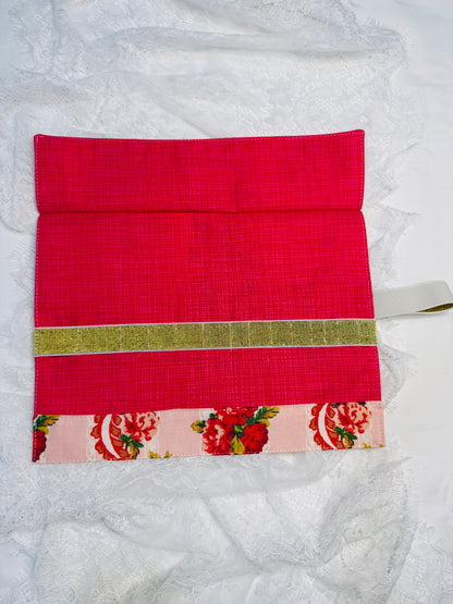 Makeup Brush Roll -Pink/Red Lace