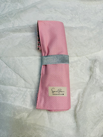 Makeup Brush Roll -Pink/Rose Hearts