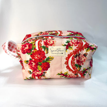 Makeup Bag/Boxy Pouches - Red Lace Floral