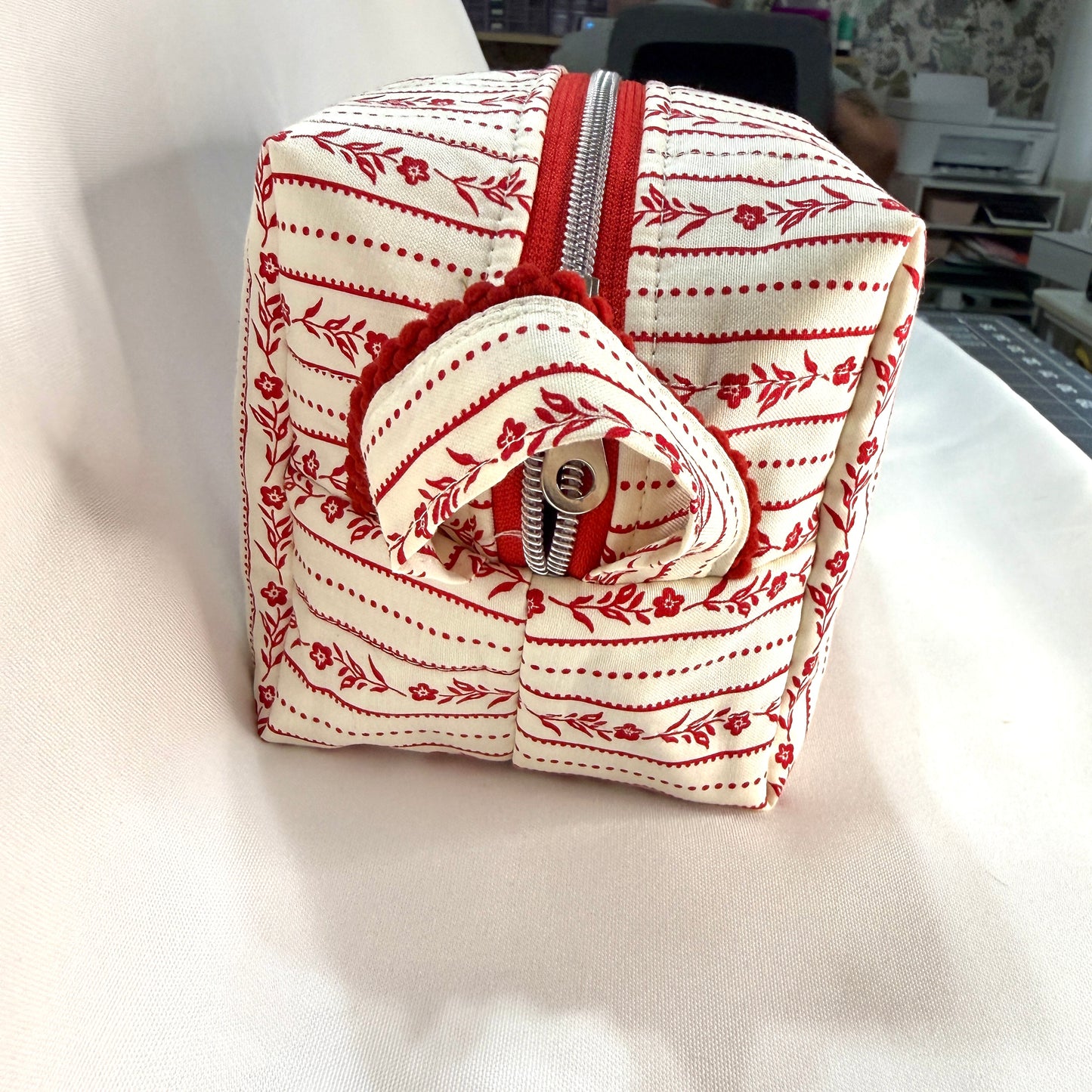 Makeup Bag/Boxy Pouches - Red Floral Striped