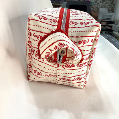 Makeup Bag/Boxy Pouches - Red Floral Striped