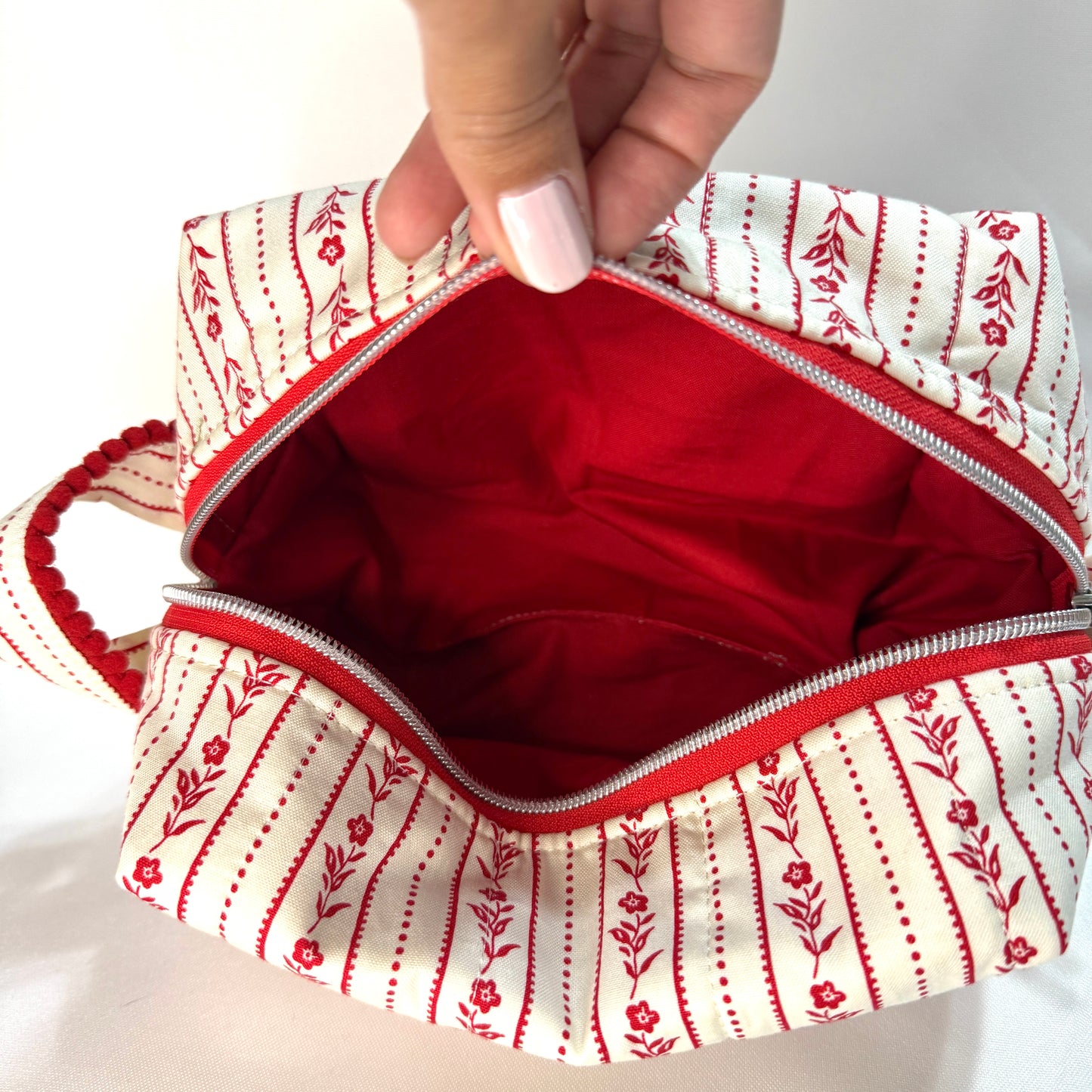 Makeup Bag/Boxy Pouches - Red Floral Striped