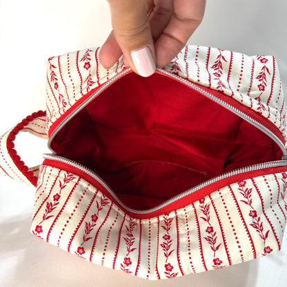 Makeup Bag/Boxy Pouches - Red Floral Striped