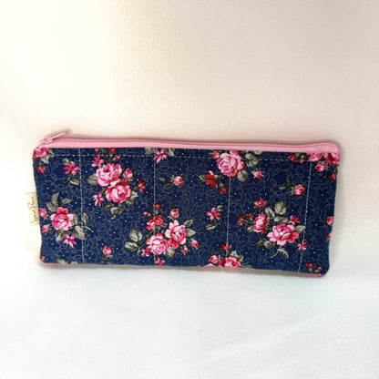 Pencil Case/Flat Pouch - Navy/Pink Floral