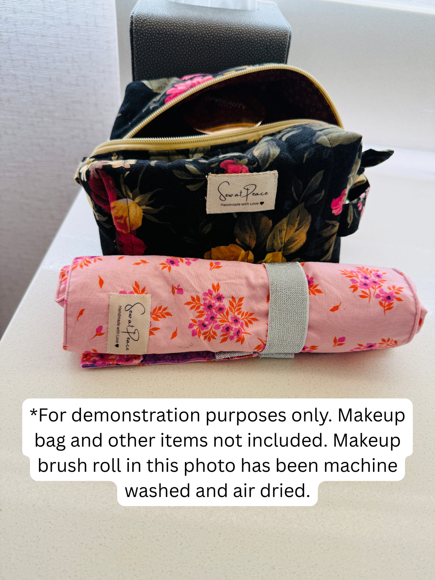 Makeup Brush Roll -Pink/Red Lace