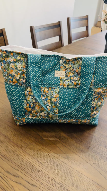 Patchwork Quilted Tote Bag- Hippie Blue Floral